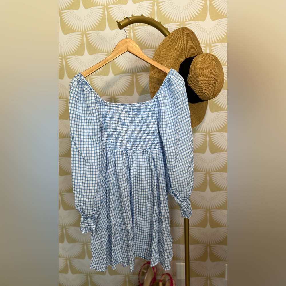 Blue/White Plaid Long Ruffle Sleeve Mini Dress - Picture 6 of 11